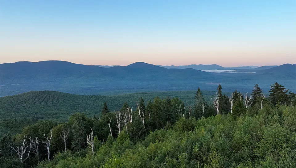 The early morning landscape of the Bigelow Preserve and the mountians in the distance