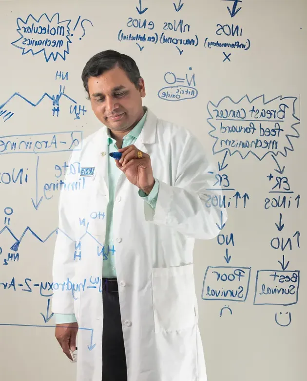 U N E faculty member and researcher Sri Mohan, Ph.D., writing on a transparent board surrounded by his research